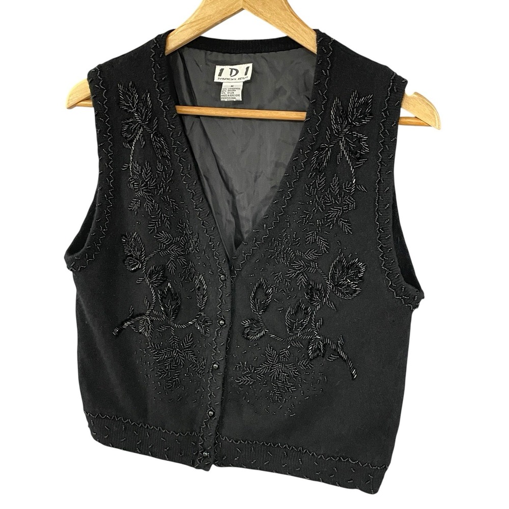 VTG Black Floral Beaded Angora Blend Sweater Vest Womens M Whimsigoth Hong Kong